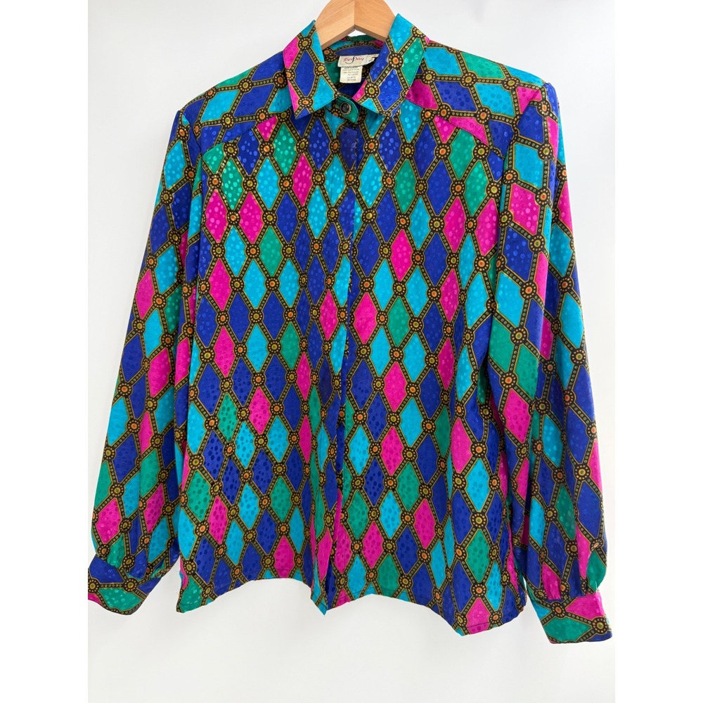 Vintage 90s TanJay Geometric Blouse Size 10 Colorblock Jewel Tone Button Shirt